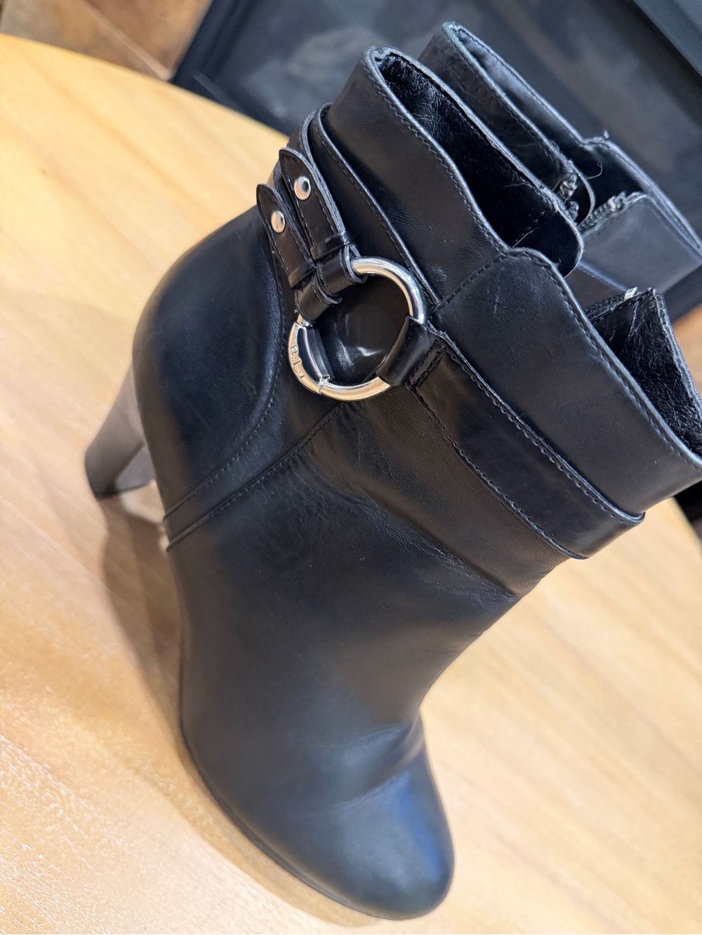 Ralph Lauren Black Leather Ankle Boots with Silver Ring Detail